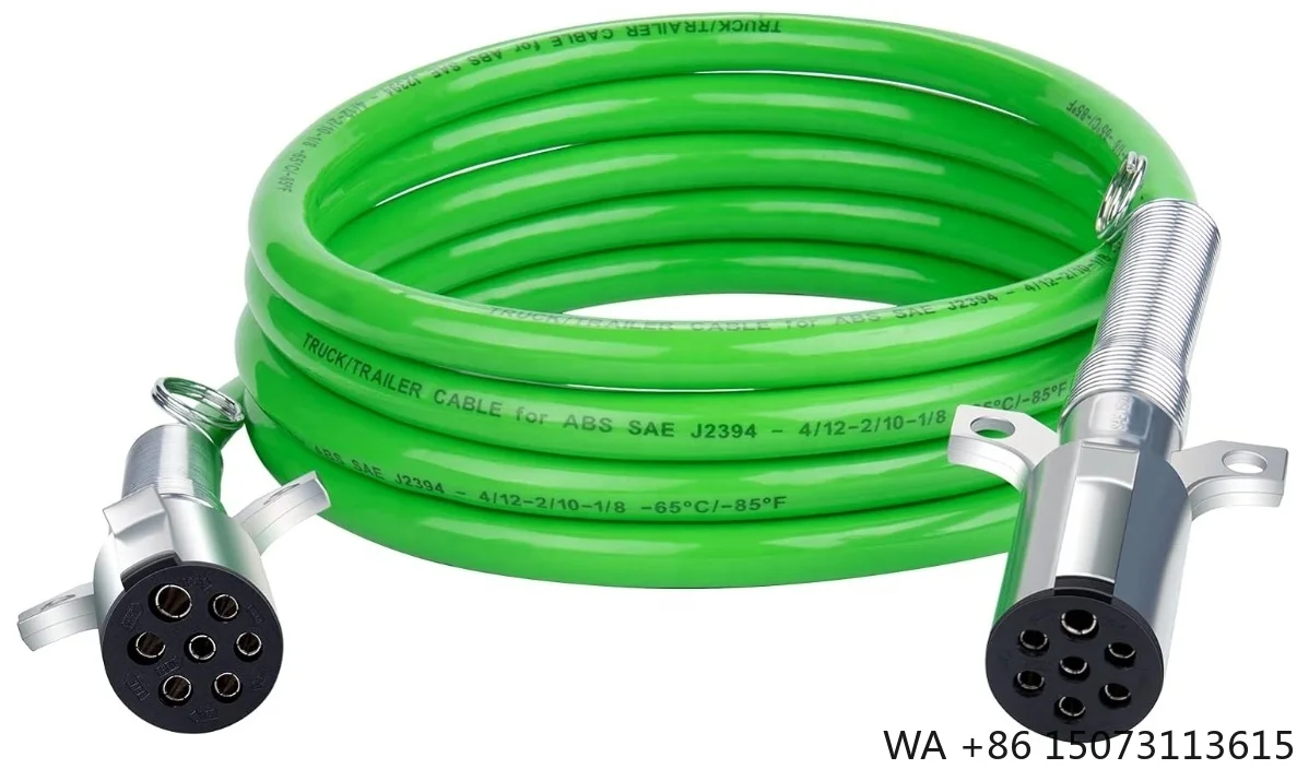 Heavy Duty Green 7-Way ABS Trailer Cord Straight Power Cable for Semi Trucks Tractors
