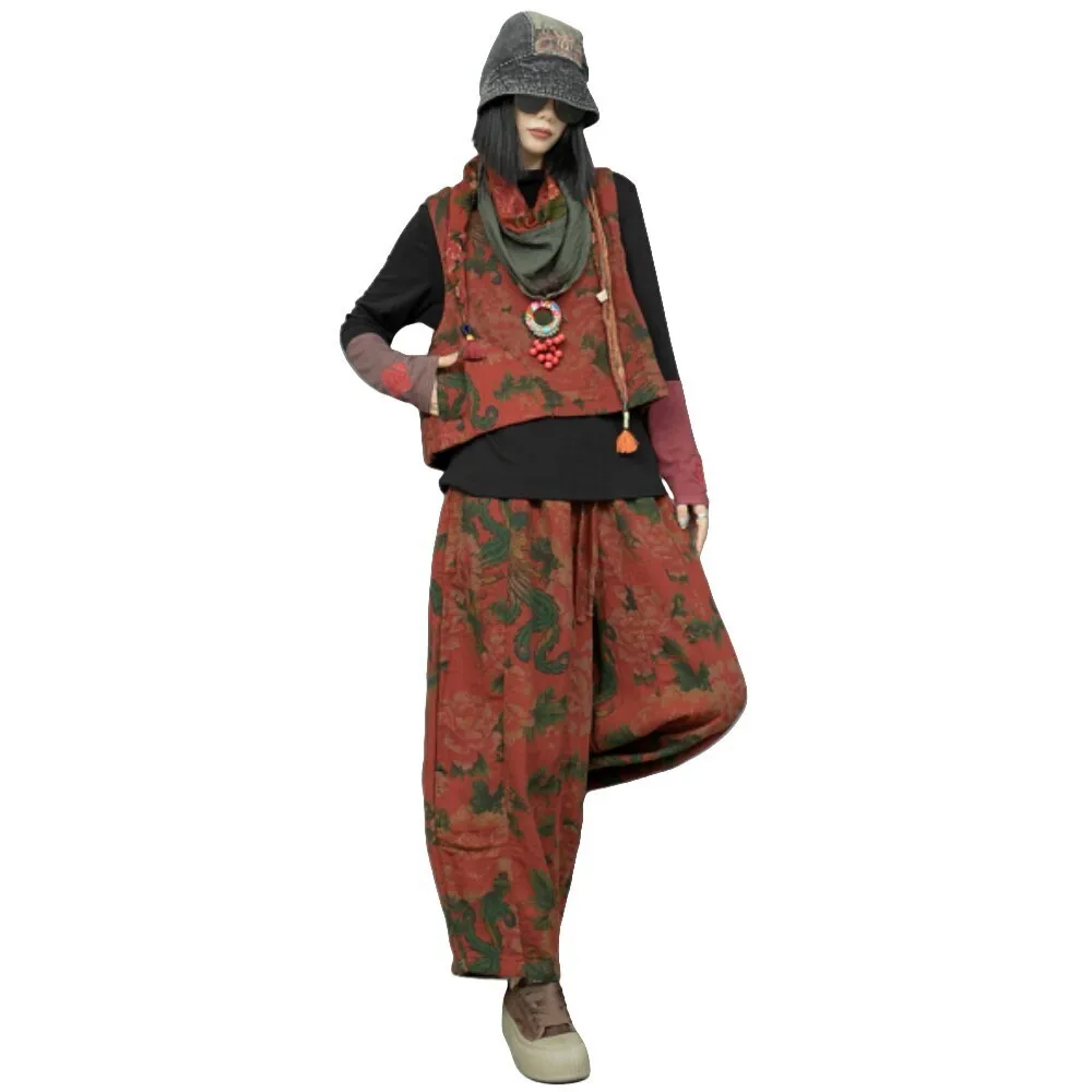 Vintage Printed Cotton Linen Pullover Vest + Wide Leg Pumpkin Pants Two-piece Set Women 2024 Autumn Loose Pant Set ZF227