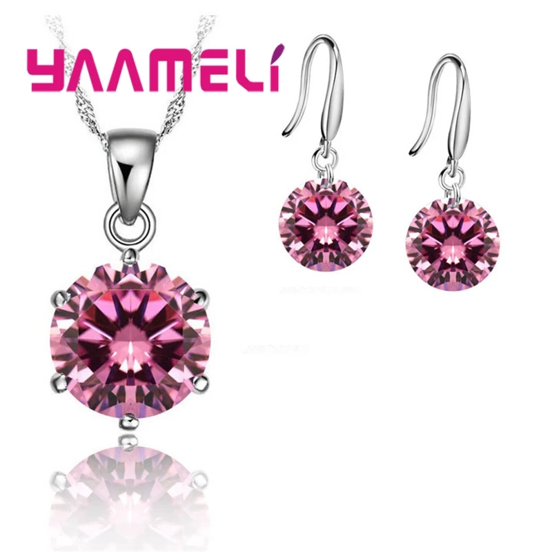 Classic 925 Sterling Silver Geometry Colorful Crystal Zircon Necklace Earrings Set For Women Girls Wedding Party Jewelry Gifts