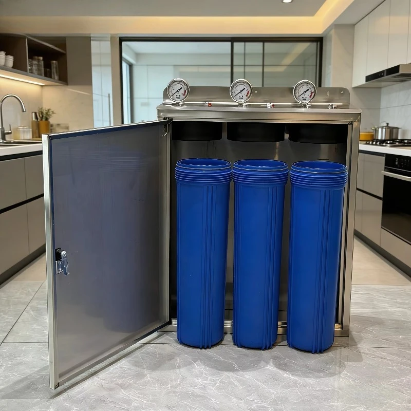 20 X 4.5 Whole House Triple Water Filter System Freestanding Stainless Steel Cover for Heavy Sediment Hard Water Filtration