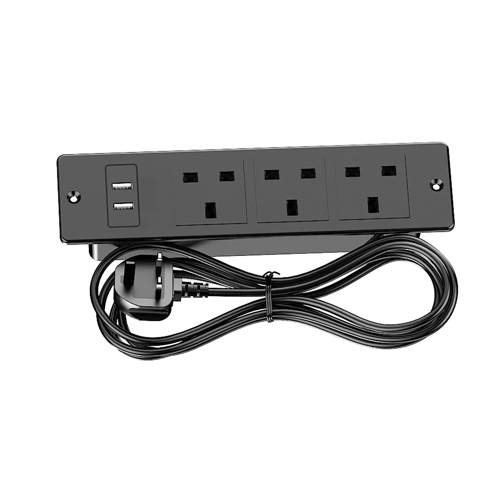 Recessed Power Strip with 3 AC Outlets and 2 USB-A (5V 2.1A) 1.5m Extension Lead Flush Mount Desktop Socket for Bedroom