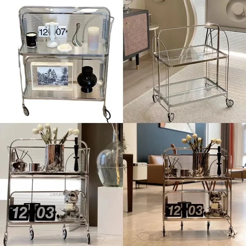 Vintage Fluted Glass Rolling Cart Foldable Metal Serving Trolley Retro Side Table for Living Room Kitchen Bar Storage Rack