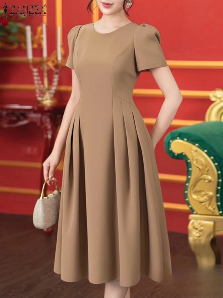 ZANZEA Women 2025 Fashion Robes Pleated Solid Color Streetwear O-Neck A-line Vestidos Short Puff Sleeve Elegant Midi Dresses
