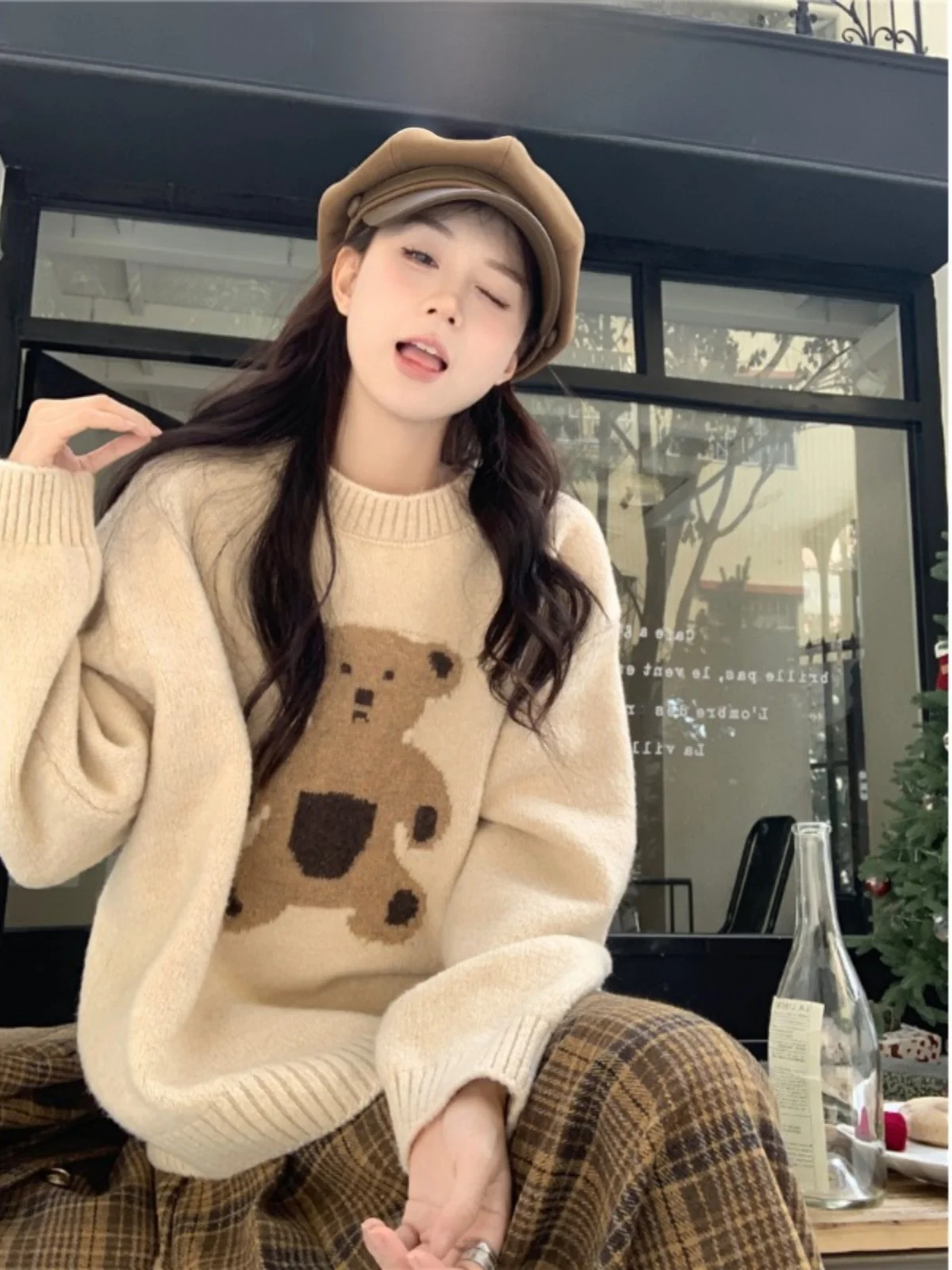 Soft Bear Knitted Sweater Women's Mid-Length Oversized Warmth-Filled Autumn Fashion Commute Style Big Size Slimming Trendy Top