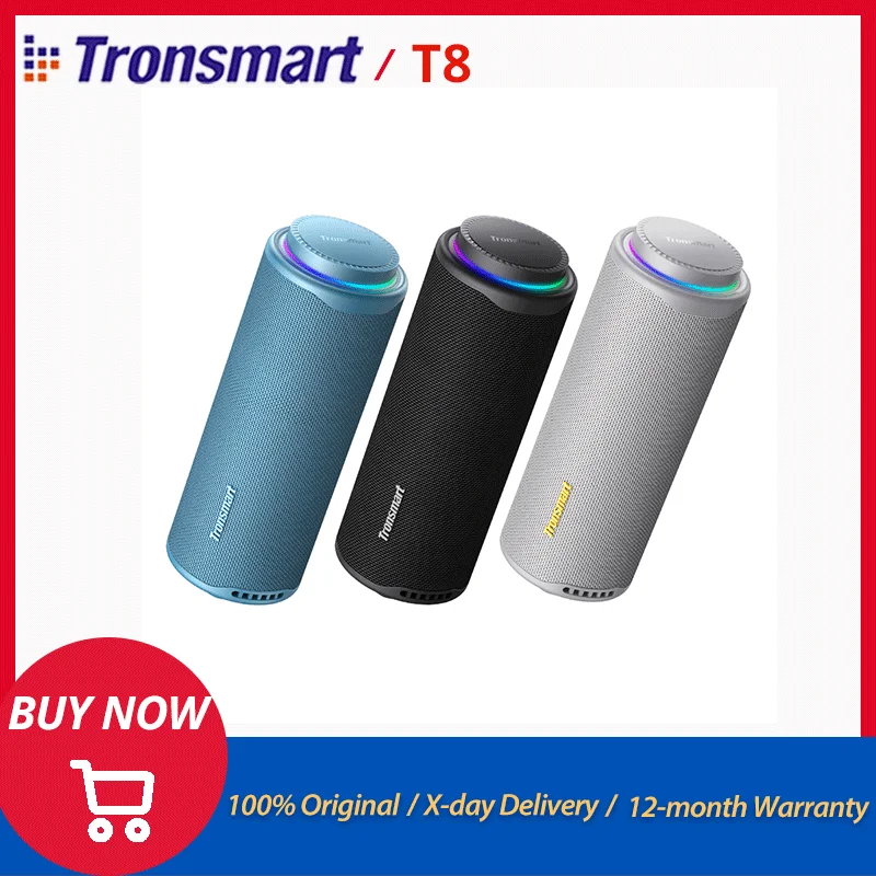 altavoz de bluetooth portátil Tronsmart T8 con salida de 40 W, graves profundos, sonido, IPX7 resistente al agua, control por aplicación, para acampar, al aire libre