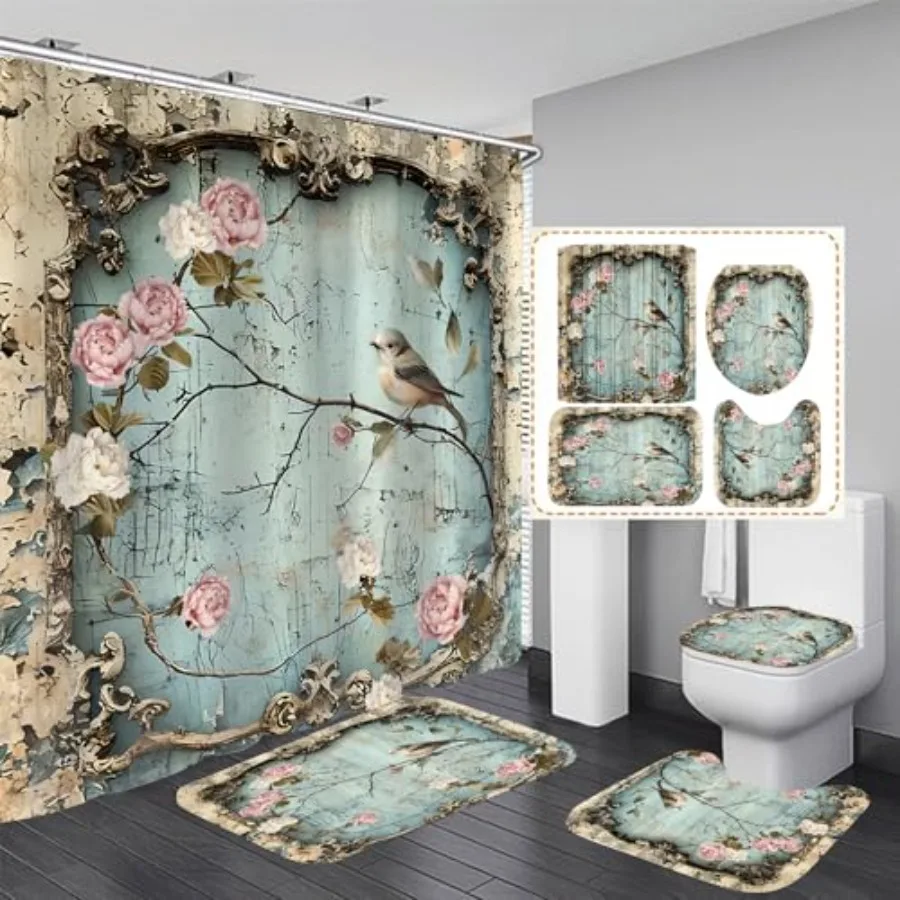 

DDQQ 4Pcs Vintage Flower Bird Shower Curtain Set Bathroom Sets Branch Shower Curtain with 12 Hooks Bathroom Decor with Rugs Bat