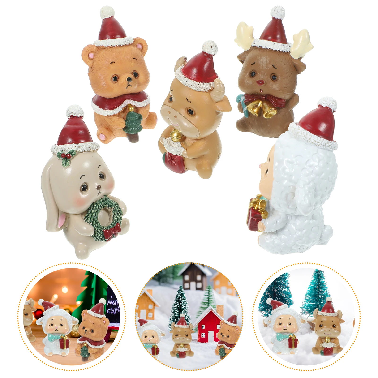 

5Pcs Resin Christmas Animal Decoration Miniature Lovely Xmas Statue Set Small Resin Craft Ornaments for Decor Xmas Ornament