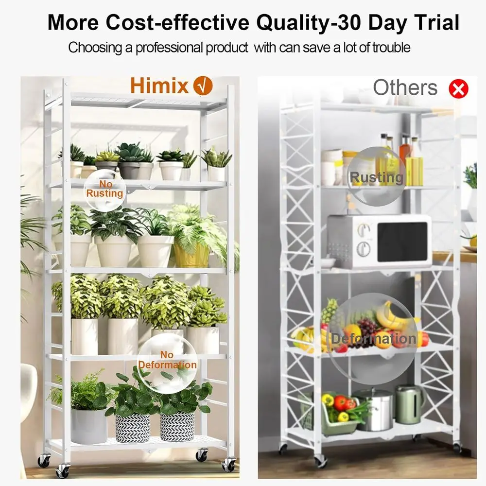 ステンレス製5段折りたたみ棚、フック20個、4輪、調節可能な脚付き