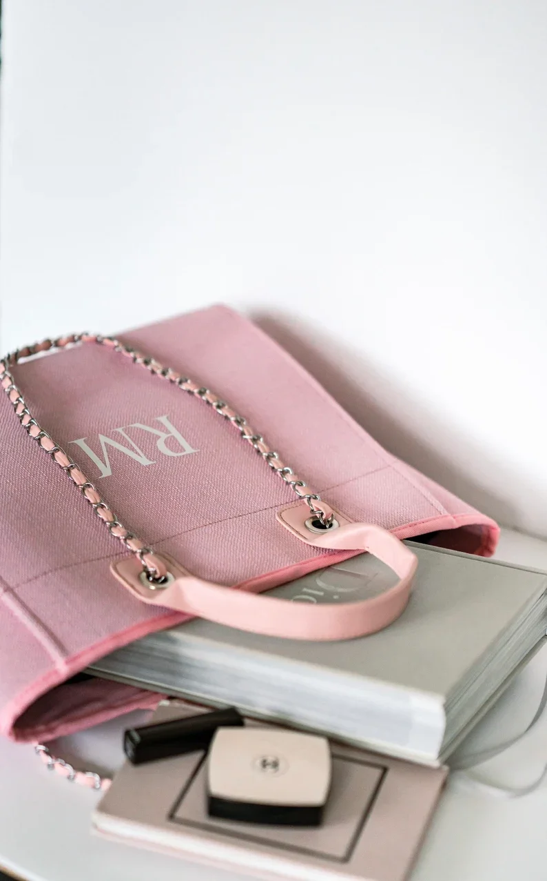 Baby Pink Monogram Canvas Tote Bag nome personalizzato borsa iniziale regalo di compleanno catena Tote Bag borsa da sposa personalizzata