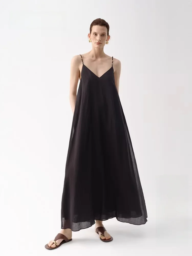 

Handmade Beaded Hemp Women's Dr Summer 2025 Edition Strap V-ne Mid-length Gown Leisurely Sle No-sve Pure Color