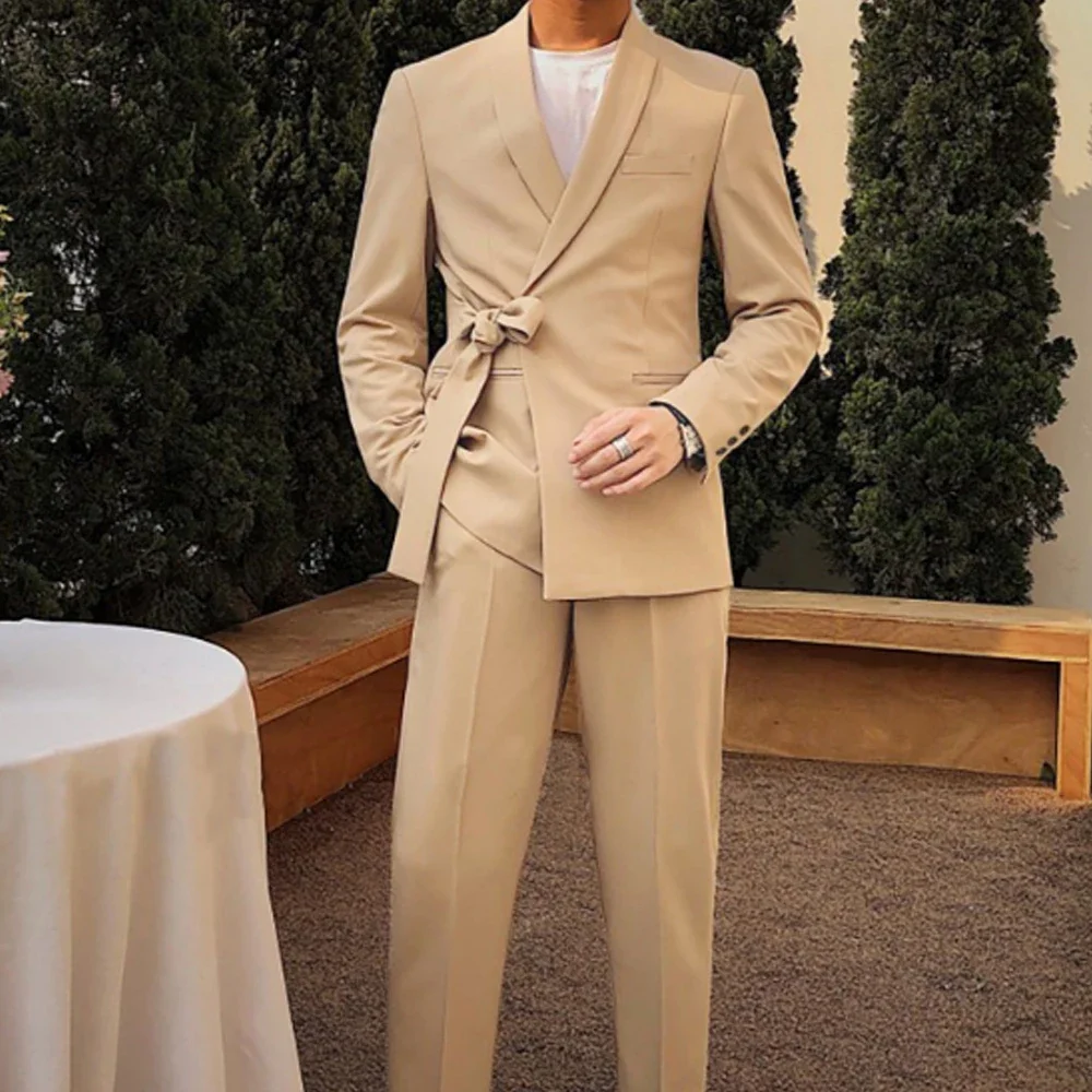 

Elegant Shawl Lapel Suits for Men Fashion Groom Wedding Tuxedo with Belt Luxury Party Evening Prom Male Suit Slim 2 Piece