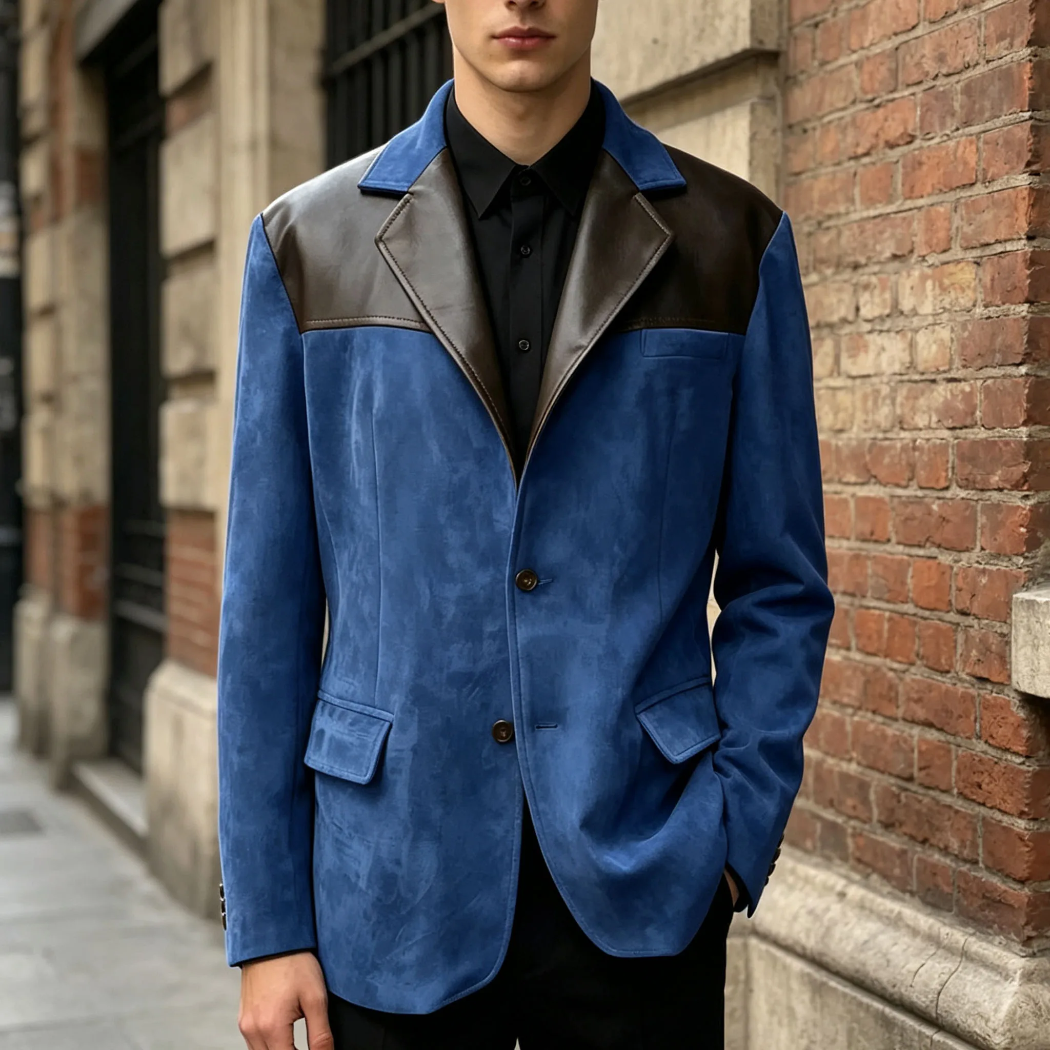 

Men's Suede Jacket Leather Patch Notch Lapel Slim Fit 2 Buttons Casual Sport Coat High Quality Fashion Blazer Streetwear Busine