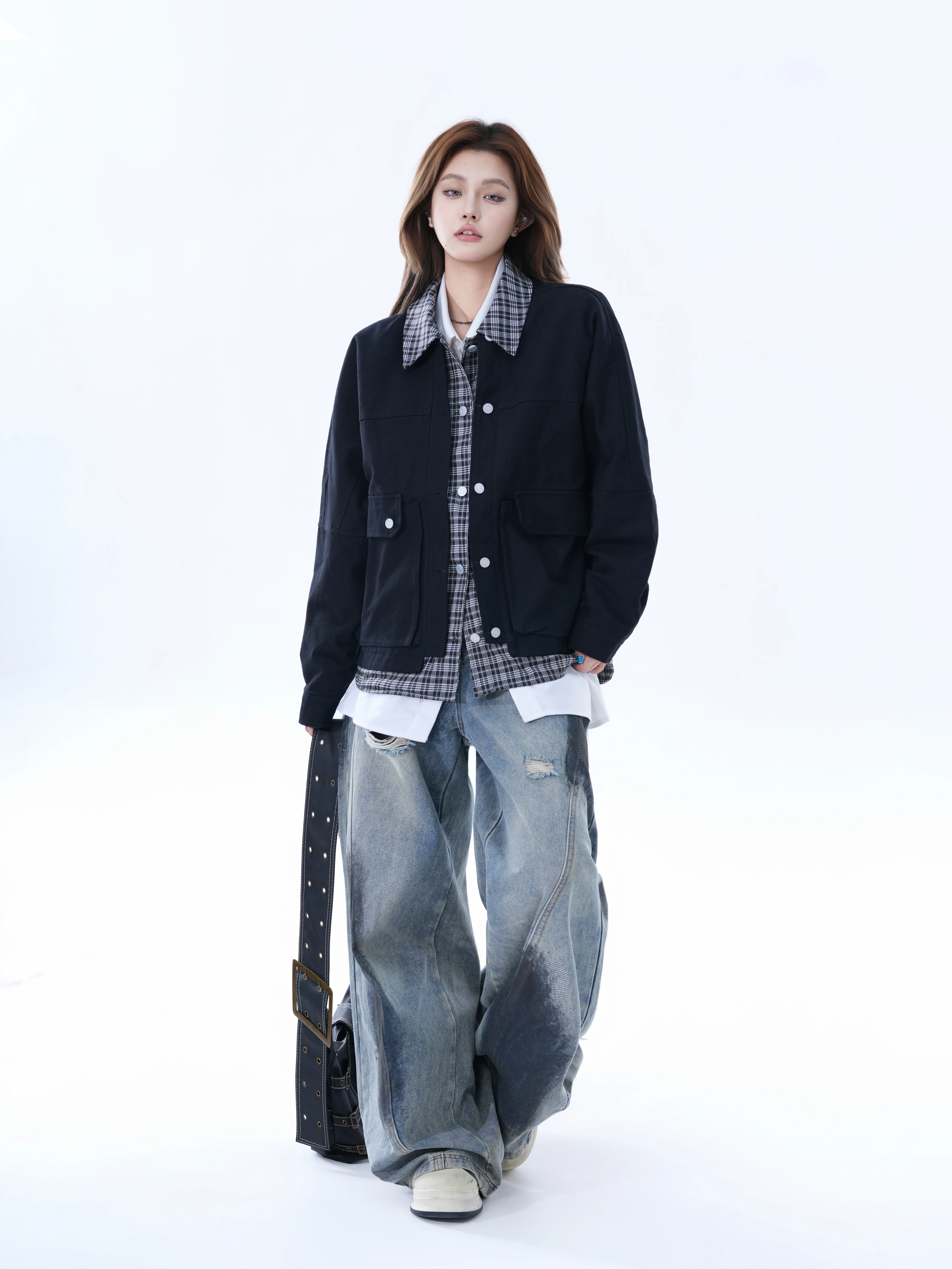 

Retro American Plaid Loose Women's Workwear Jacket Couple's Matching Outerwear Trendy Splicing Design Commute Style Cotton