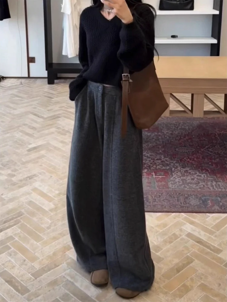 Pantalon taille haute à jambes larges pour femmes, doublé en Fce, coupe ample, coréen, pour les déplacements, coupe droite
