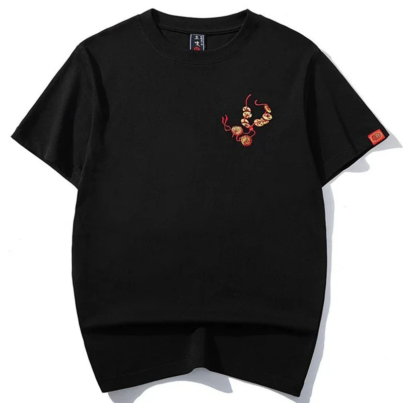 Lyprerazy Men's Chinese Style PI Xiu Embroidered Short-Sleeved T-Shirt Summer Loose Cotton Top Tees