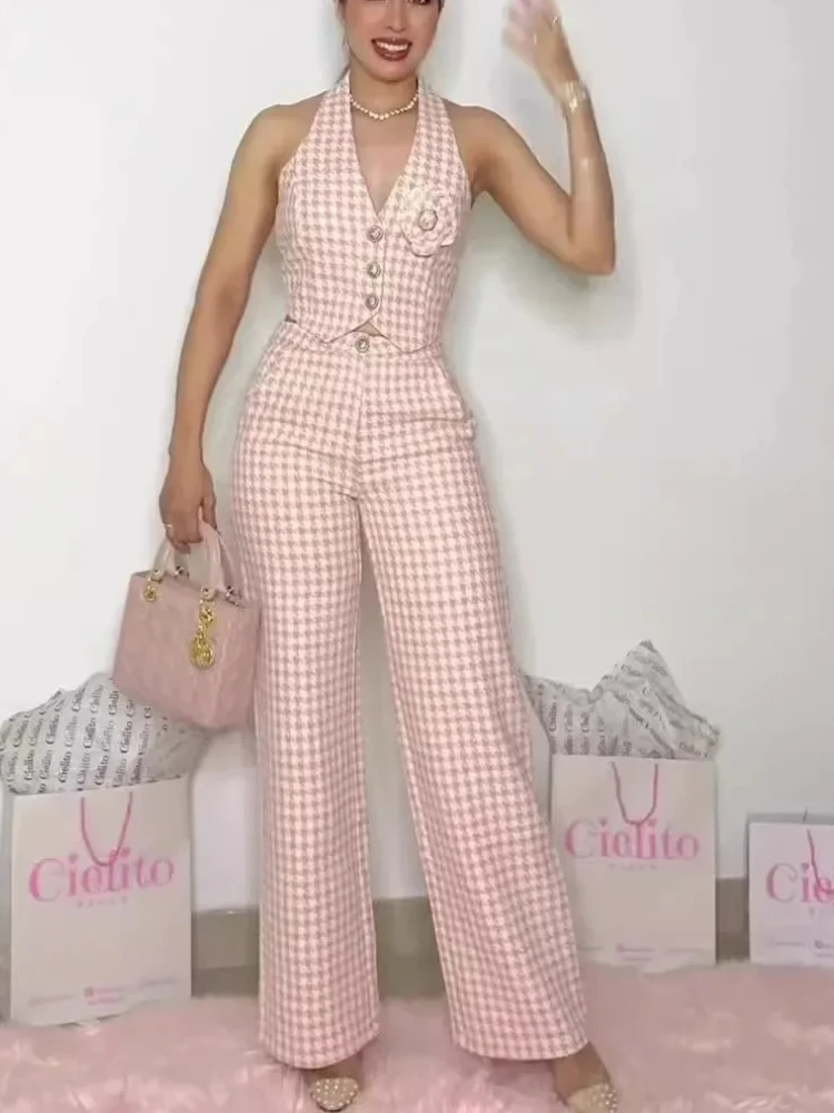 

Vest Pant Sets Two Piece Set Women Plaid V Neck Sleeveless Button Vests High Waist Straight Long Pants Elegant Lady Streetwear