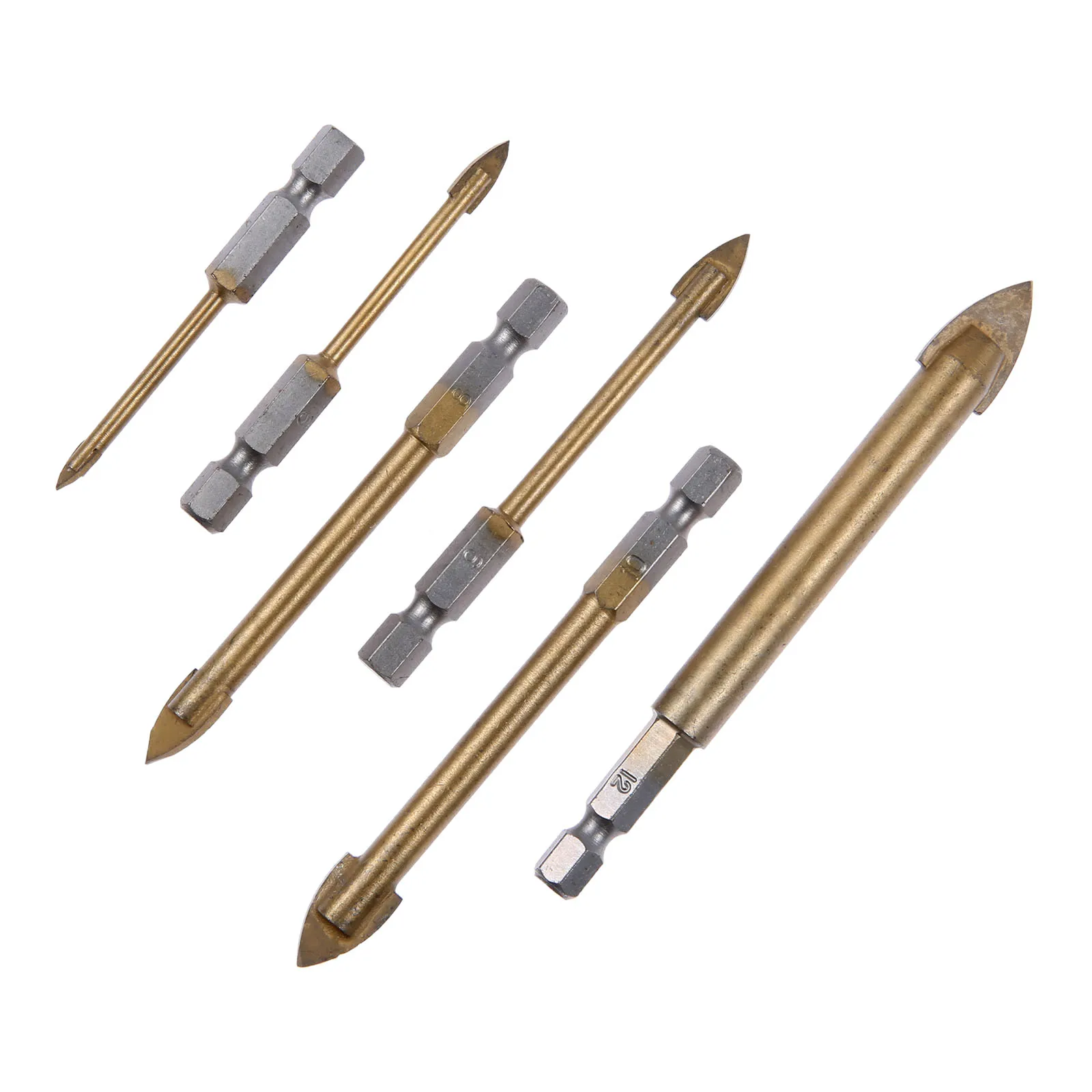 Dreld 6 pçs carboneto de tungstênio de vidro spade broca conjunto titânio revestido com 1/4 "hex shank ferramentas elétricas para perfuração de vidro cerâmica