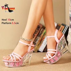 2024 New 10CM Wedges Sandals Summer Fashion Narrow band Party Women's Shoes Crystal Transparency Platform Nightclub High Heels