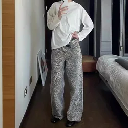 Jeans Wide Leg Pants Women Denim Ankle Length Pants Washed Leopard Jean Pockets High Waist Loose Fit Sashes Casual Vintage