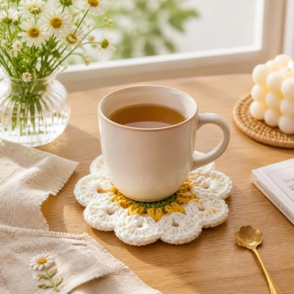 Creative Knitted Crochet Flower Coasters Heat Resistant Non Slip Trivet Mats Home Decor Handmade Mug Mat Coffee Cup Use
