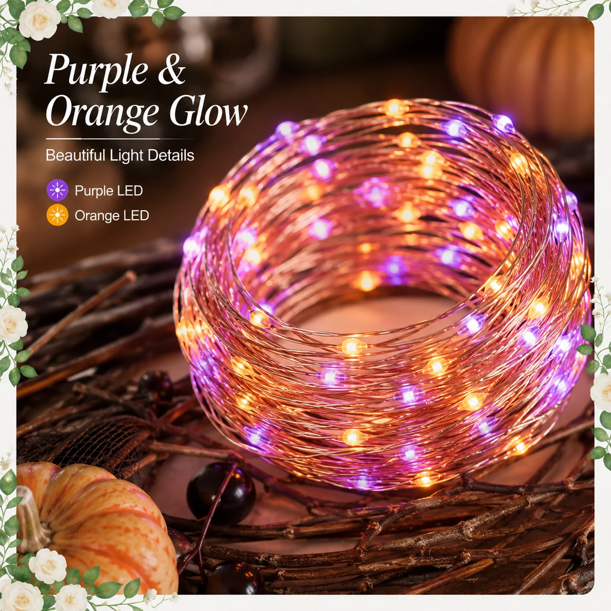 Solar Copper Wire Fairy Lights Orange Purple Halloween Outdoor String Lights for Garden Porch Yard Party Decor