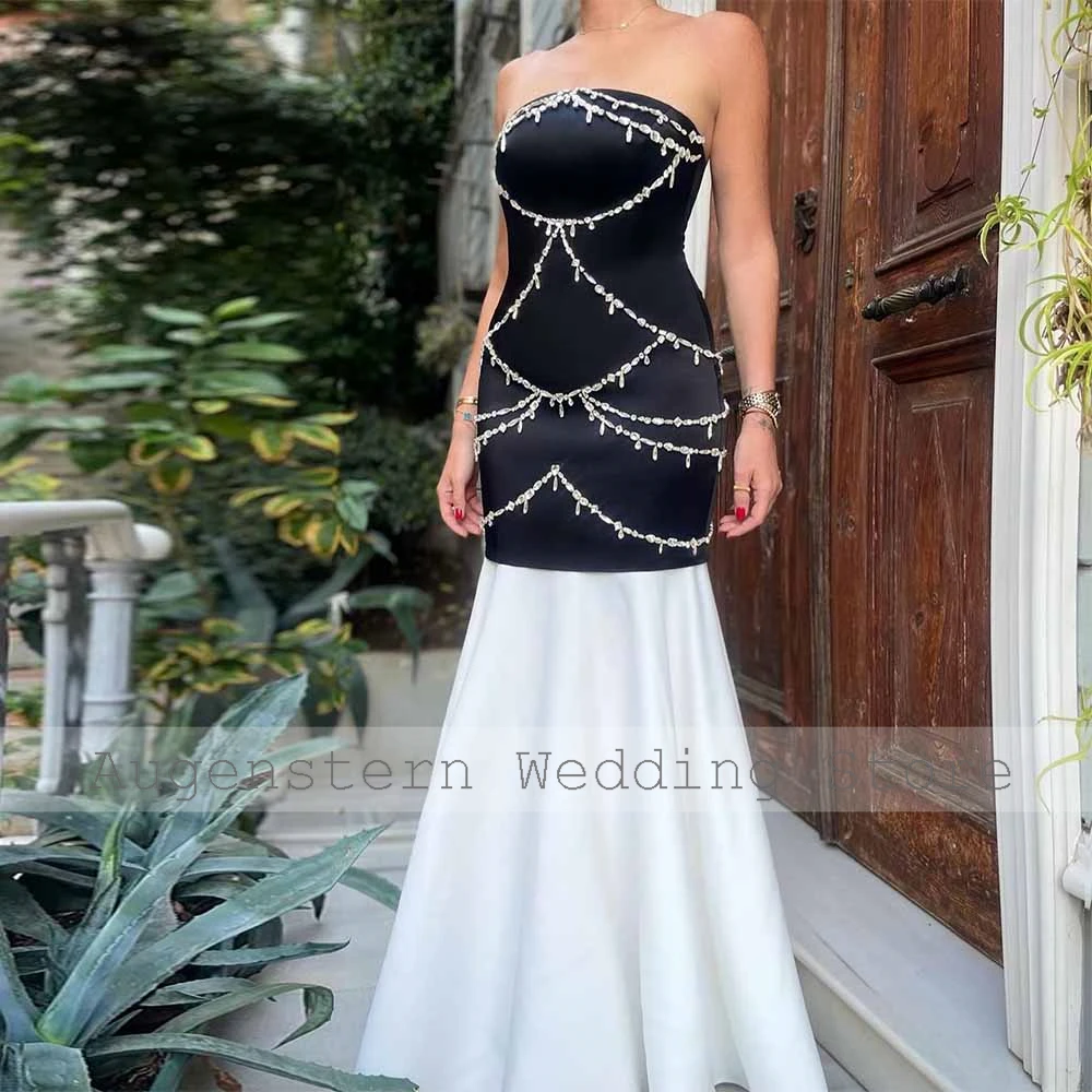 Fashion Wedding Guest Woman Dresses Satin Mermaid Wedding Party Dresses Black and White Strapless Rhinestones Wedding Dress Long