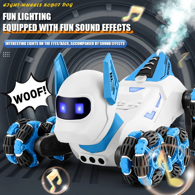 Dublê rc cão oito rodas 2.4g rádio controle remoto robô mecânico com luz música spray filhote de cachorro elétrico presente das crianças