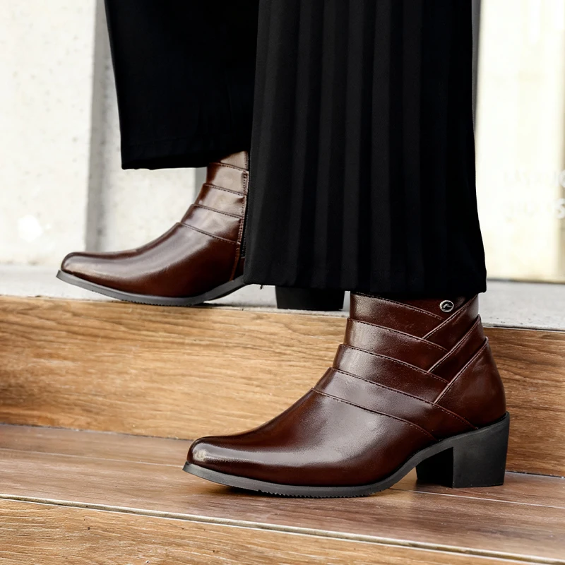 Men Business Chelsea Boots Men High-top Cuban Leather Boots European American Fashionable Side-zipper High-heeled Ankle Boots