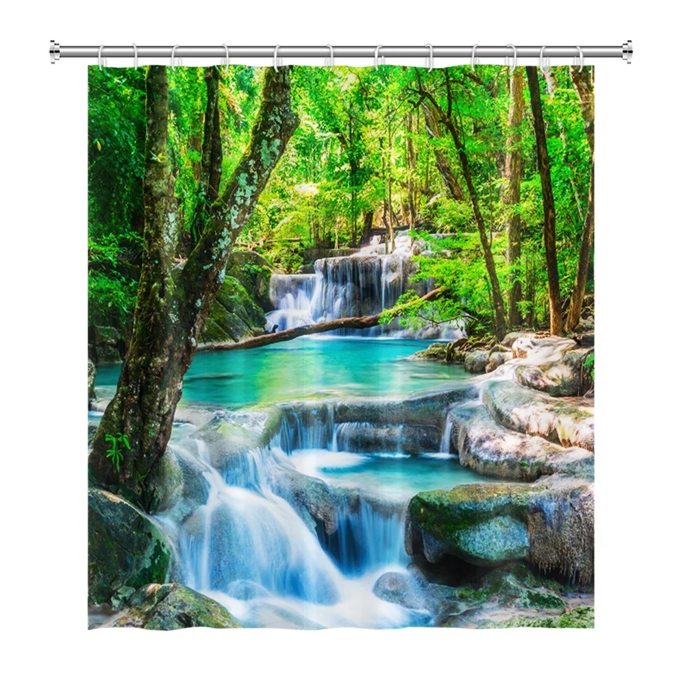 Natural Scenery Shower Curtain Set Forest Waterfall Spring Landscape Home Bathtub Decor Waterproof Polyester Bathroom Curtains