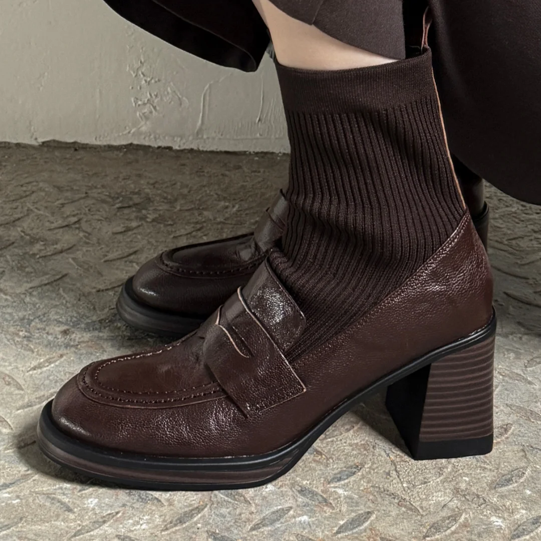 

Women's sheepskin stretch knit patchwork slip-on autumn ankle boots 7.5cm chunky heel platform elegant ladies sock short booties