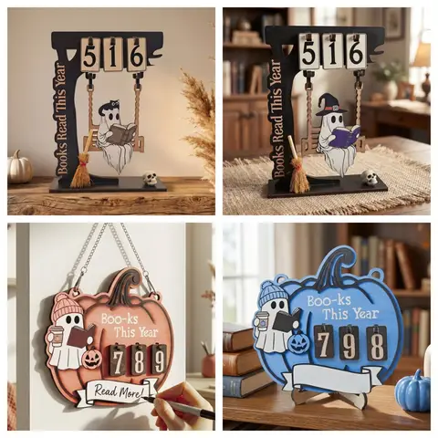 1pc Wooden Halloween Reading Tracker Ghost Pumpkin Book Counter Bookworm Gift Ornament Hanging Tag for Reading Record