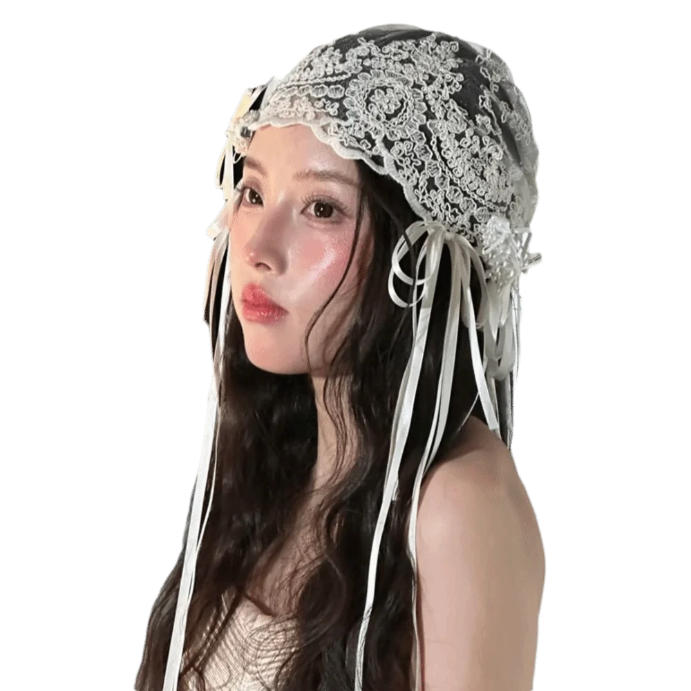 with Bow Ribbon Bridal Lace Bow Ribbon Headband Breathable Retro Embroidered Bride Wedding Headwear French Style