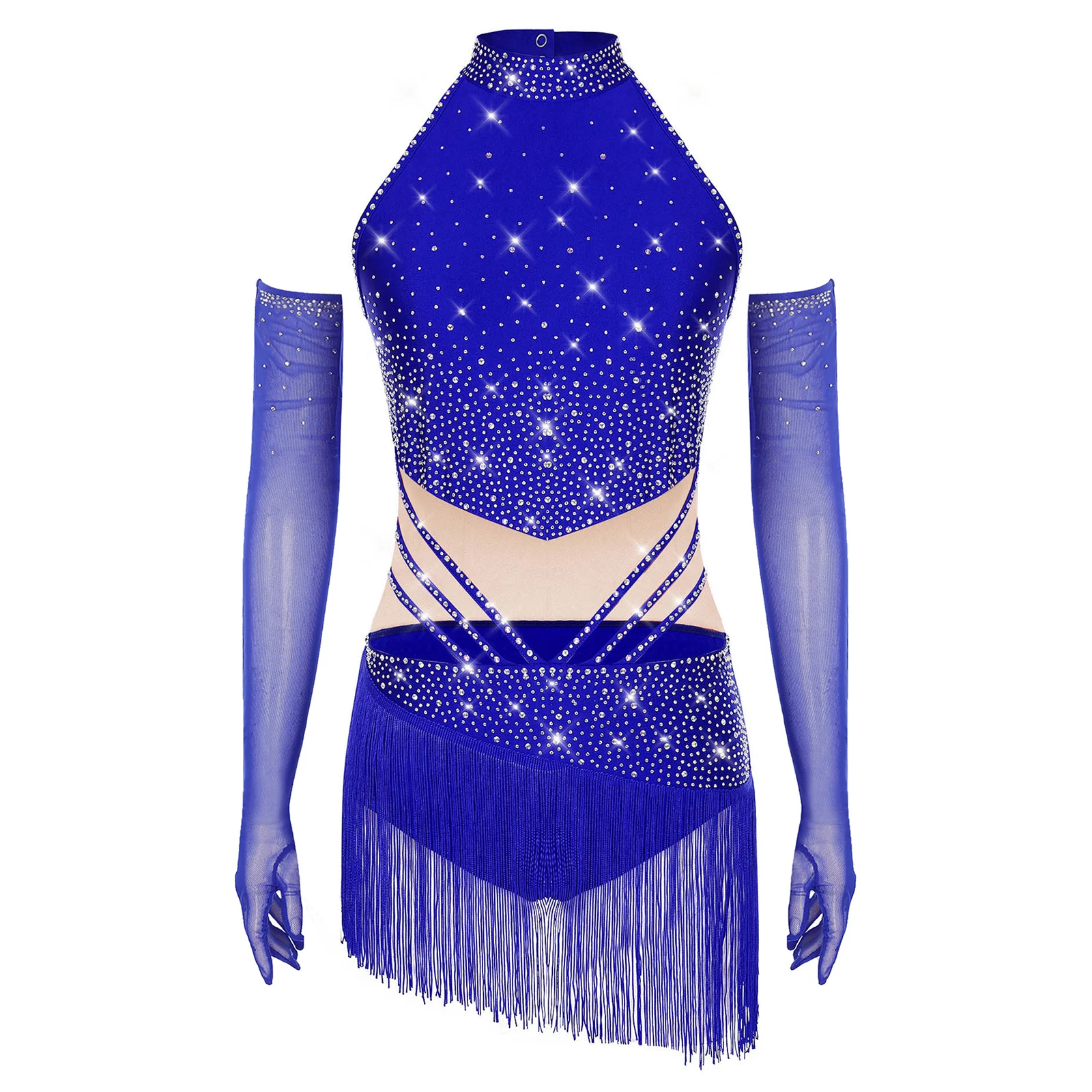 

Womens Latin Dance Leotard Dress Sleeveless Hollow Out Tassel Skirted Bodysuit+Mesh Gloves Outfit Figure Skating Dancing Costume