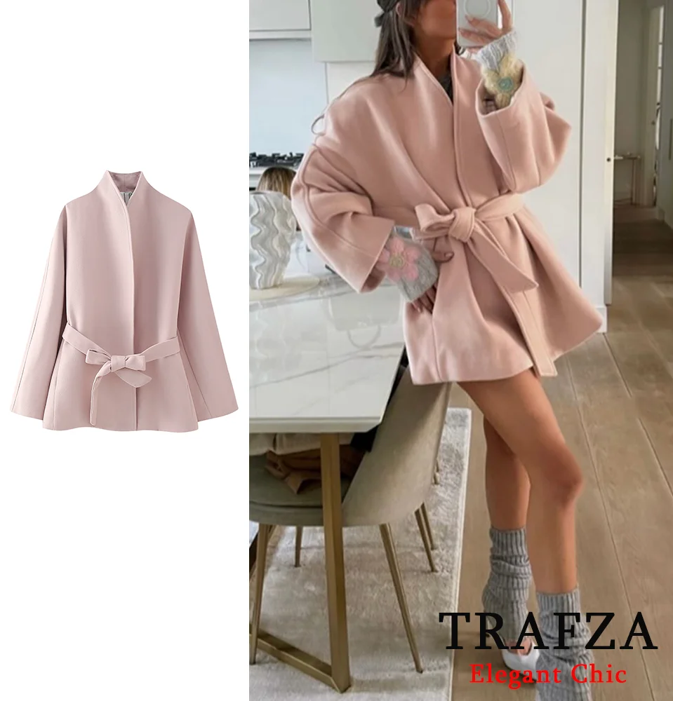 TRAFZA Women Elegant Belted Coat Blended Sweet Pink Coat New 2024 Fall Autumn Fashion Romantic Pink Belted Coat