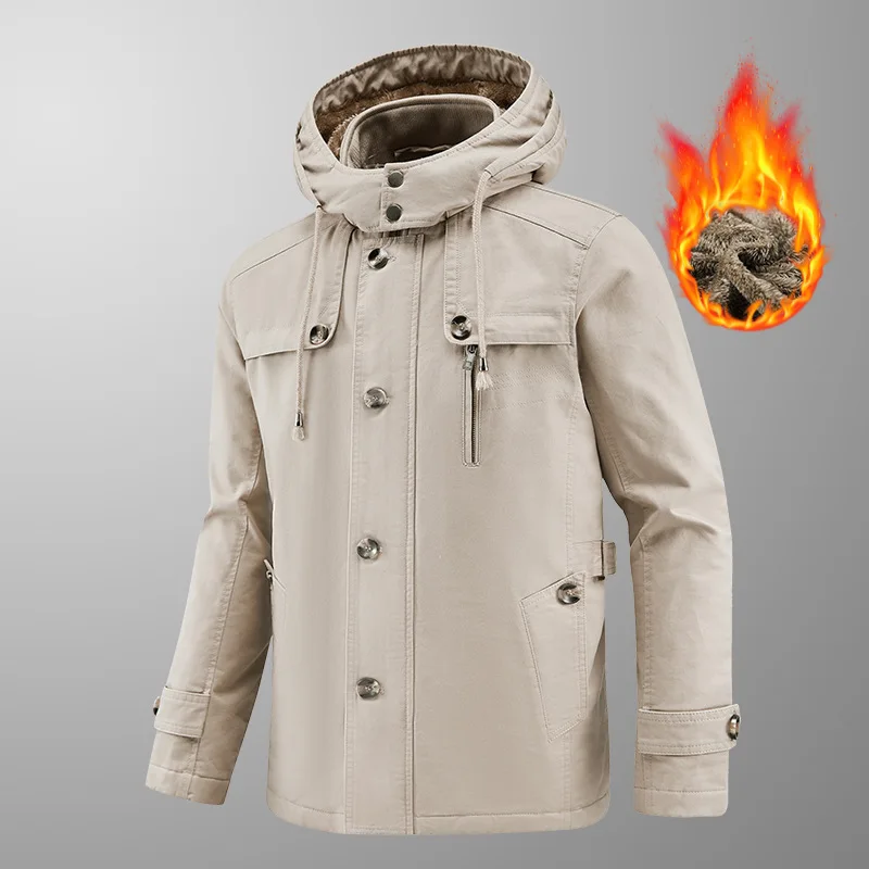 Men's Fleece Cotton Jacket Autumn Winter Pure Cotton Washed Hooded Mid-Length Coat for Men