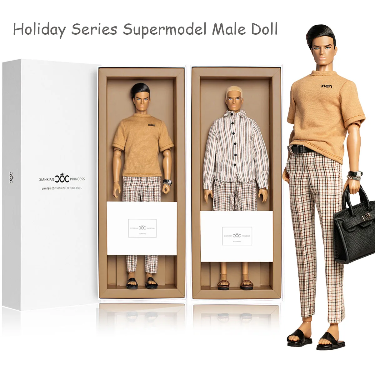 1/6 Holiday Series Muscle Male Supermodel Doll Dark Tan Skin 12Joint Gold ShortHair 33cm Male Figure Clothes Set For Collectible