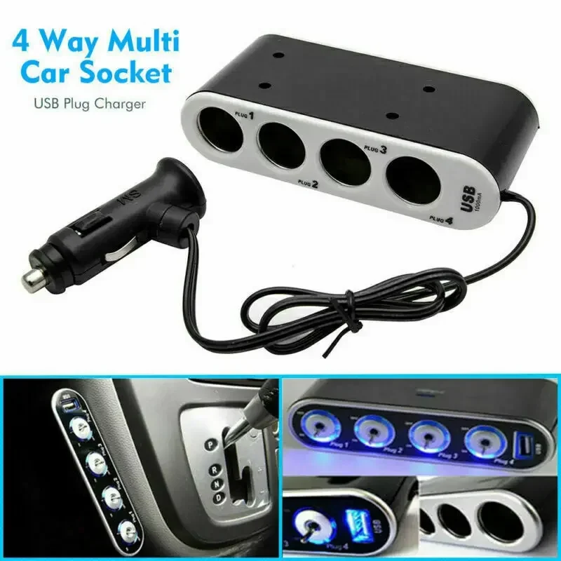 Universal 12V/24V 4 Way Car Cigarette Lighter Power Adapter Socket Splitter Charger with LED Light Independent Switch + USB Port