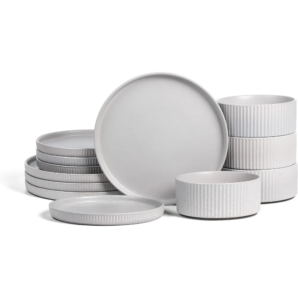

haven stoneware 12-piece dinnerware set, grey - plates and bowls sets for 4, elegant dish set, includes dinner plates, salad pl