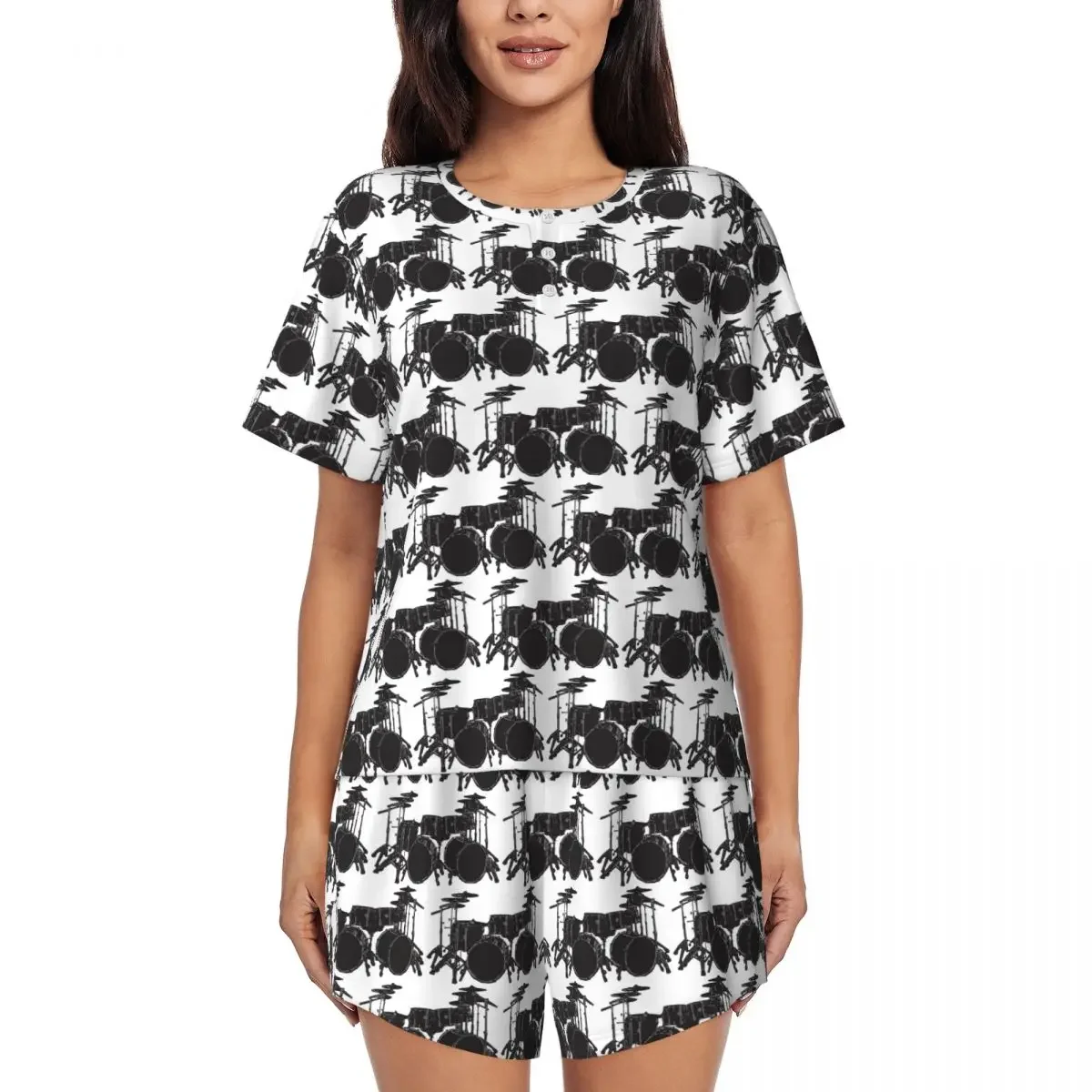 

Drum Kit Round Neck Short Sleeves Nightdress for Sleeping Sleepshirts Women Soft Pajama Set Short Pants