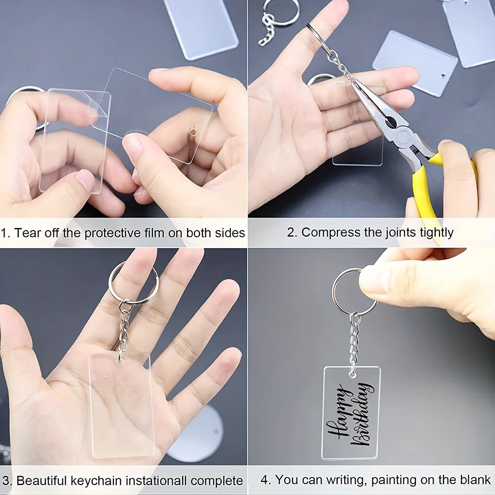 90PCS Acrylic Transparent Keychain Blanks Rectangle Song Key Chain Transparent Keychain Rings DIY Projects and Crafts
