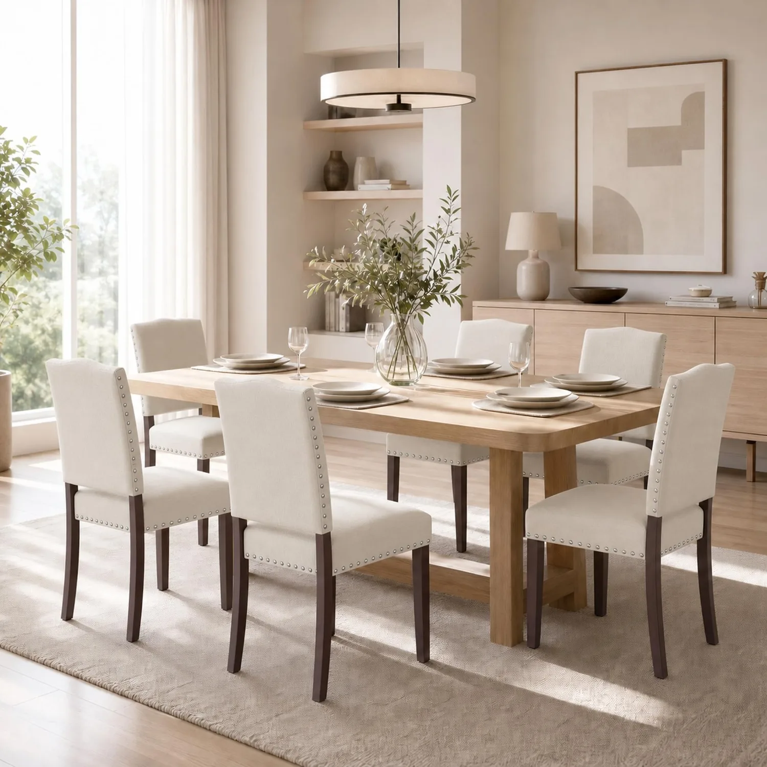 Upholstered Dining Chairs Set of 6 with Thickened Seat Cushion, Wooden Mid-Century Modern Fabric Farmhouse Kitchen