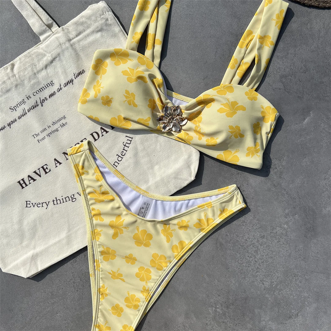 Bedruckter, metallisch glänzender, floraler, hoch geschnittener Bikini, Damen-Badeanzug, zweiteiliges Bikini-Set, Damen-Badebekleidung, Badeanzug, Badebekleidung, Schwimmbekleidung V6427 – Detail 5