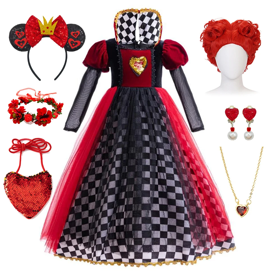 

Girls Halloween Party Cosplay Red Queen Gown Clothes Kids Witch Long Sleeves Carnival Outfits Children Masquerade Fancy Costumes