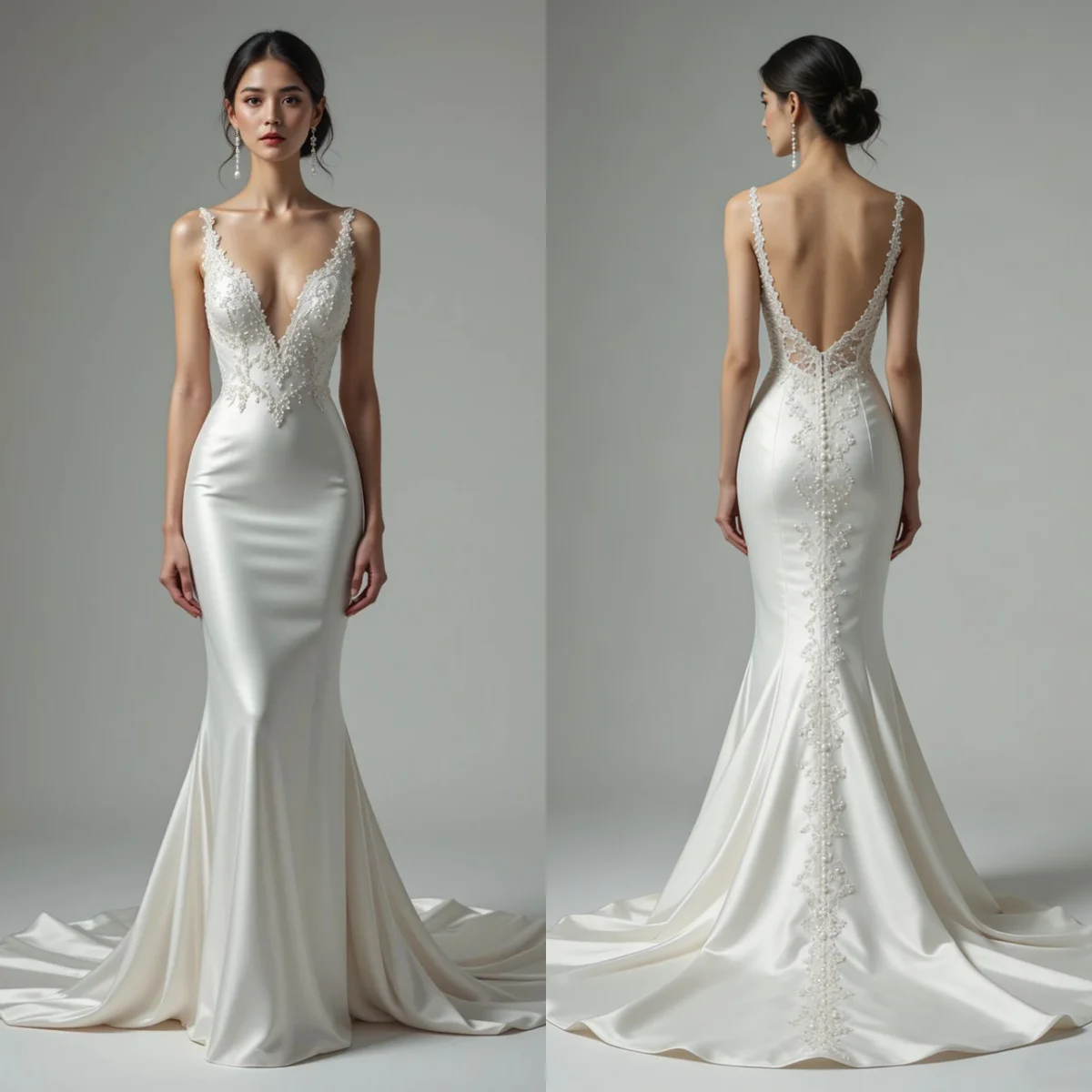 

Custom Elegant Deep V Sheer Back Satin Mermaid Wedding Dress 2026 Pearl Beaded Lace Bridal Gown Plus Size Vestido De Novia