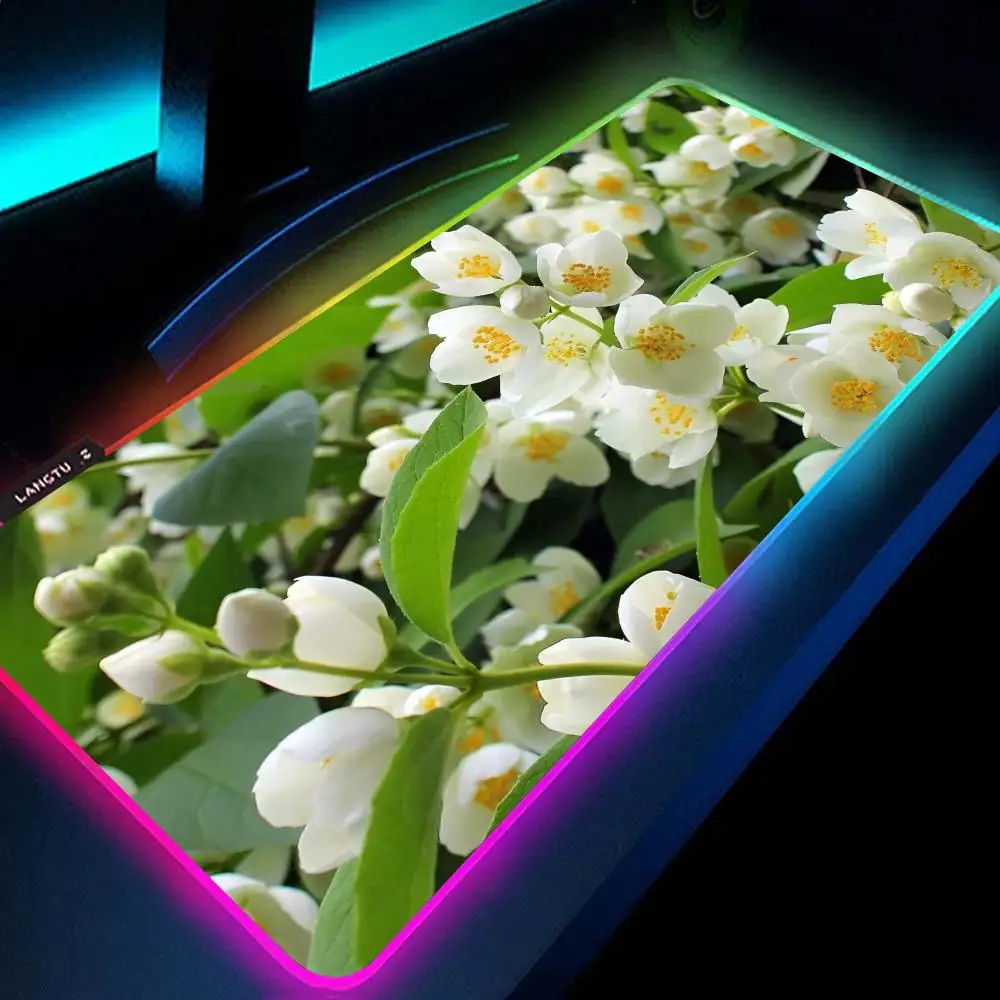 Jasmine flowers Mouse Pad RGB Large Gaming Mouse Pad Non-slip Rubber Base Keyboard Pad Extra Large Luminous LED Mouse Pad