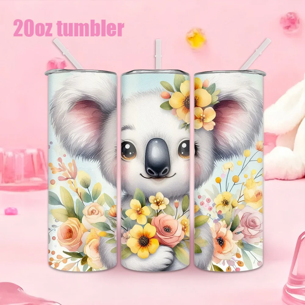 1pc Stainless Steel Water Bottle/Cup with Koala & Wreath Pattern and Straw — 20oz (591ml)