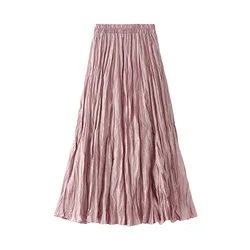 High Quality Elegant Maxi Luxury Skirt for Womens Casual Elastic High Waist Pleated A-Line Beach Solid Color Skirts Boho Summer