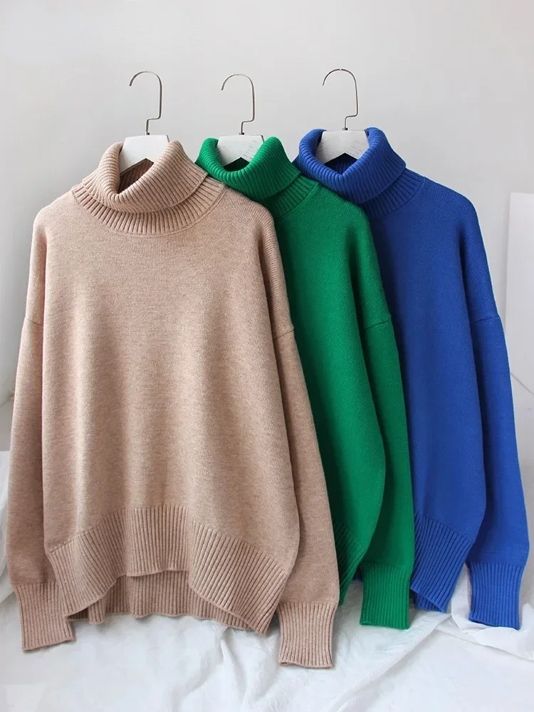 Houzhou Damen Roll kragen pullover dicken Herbst Winter warme feste Strick pullover High Neck übergroßen Pullover für Frauen Tops