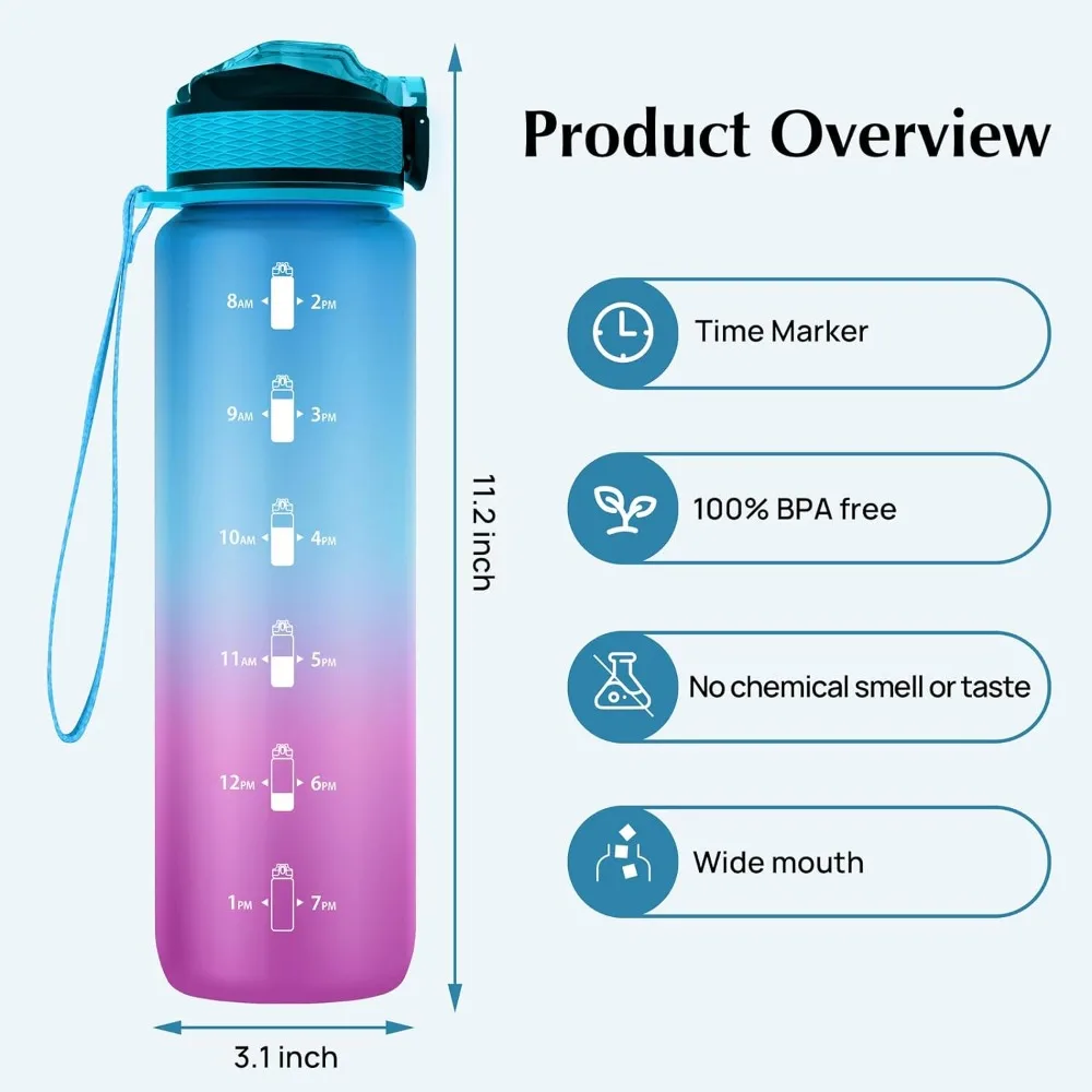 32 oz Water Bottle with Time Marker, Carry Strap, Leak-Proof Tritan BPA-Free, Ensure You Drink Enough Water for Fitness, Gym