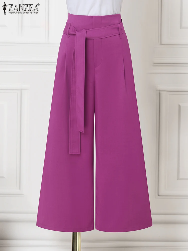 ZANZEA 2025 Office Work Wide Leg Trouser Women Elegant Pants Fashion Casual Loose Long Bottoms Fashion Pockets Lace-Up Bottoms